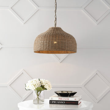 Eliza 20" Coastal Bohemian Rattan/Iron Dome LED Pendant - JONATHAN Y